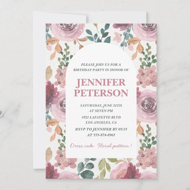 Elegant 22nd birthday invitations Floral Boho Pink (Front)