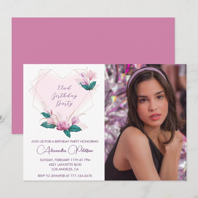 Elegant 22nd birthday invitations Floral Photo (Front/Back)