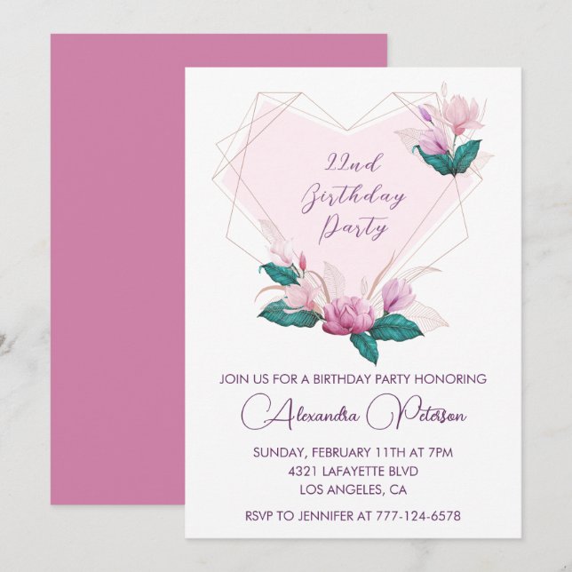 Elegant 22nd birthday invitations Pink Floral (Front/Back)