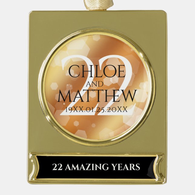 Elegant 22nd Copper Wedding Anniversary Gold Plated Banner Ornament (Front)