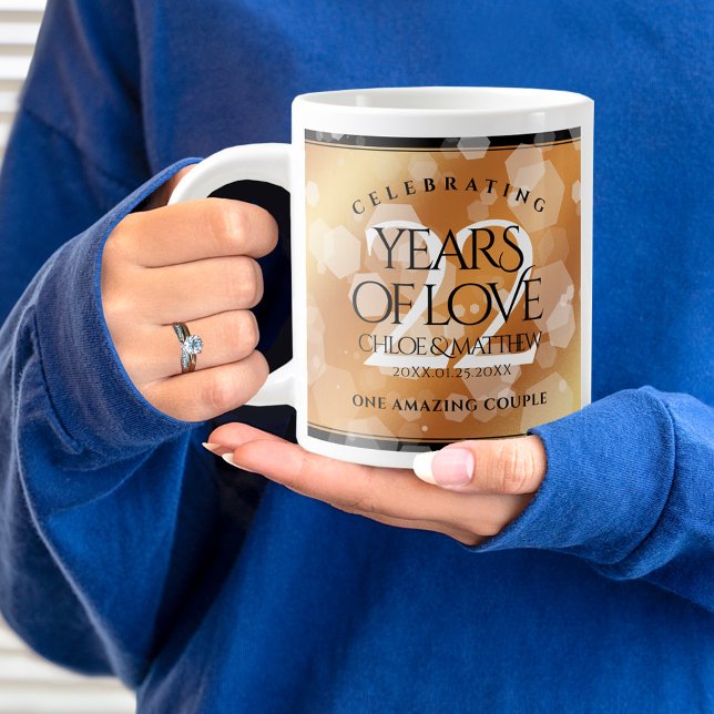 Elegant 22nd Copper Wedding Anniversary Large Coffee Mug (22nd wedding anniversary jumbo mug held by woman sporting a wedding ring and blue sweatshirt.)