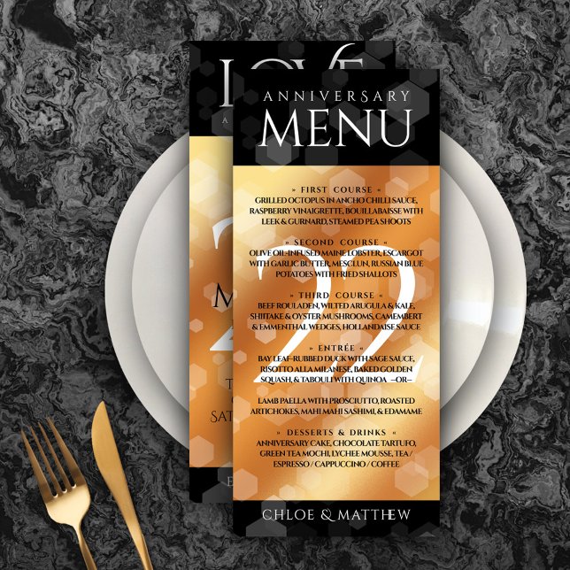 Elegant 22nd Copper Wedding Anniversary Menu (Elegant 22nd Copper Wedding Anniversary Menu Rack Card Cover Photo.)