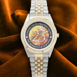 Elegant 23rd Imperial Topaz Wedding Anniversary Watch<br><div class="desc">Celebrate the 23rd imperial topaz wedding anniversary with this commemorative watch! Elegant lettering with hexagonal confetti on a golden red background add a memorable touch for this special occasion and extraordinary milestone. Customise with couple's names,  dates of marriage,  and congratulatory messages.

Design © W.H. Sim. See more at zazzle.com/expressionsoccasions</div>