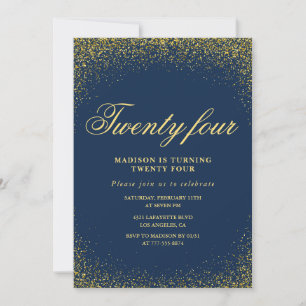 Elegant 24th birthday invitation Navy Gold Glitter
