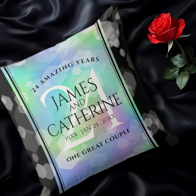 Elegant 24th Opal Wedding Anniversary Celebration Cushion (24th Opal Wedding Anniversary Throw Pillow on Black Satin Cover Photo)