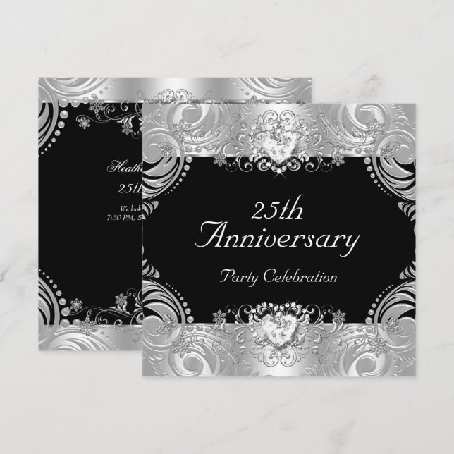 Elegant 25th Anniversary Black Silver White 2 Invitation (Front/Back)