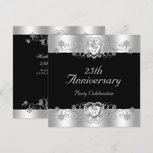 Elegant 25th Anniversary Black Silver White Invitation (Front/Back)