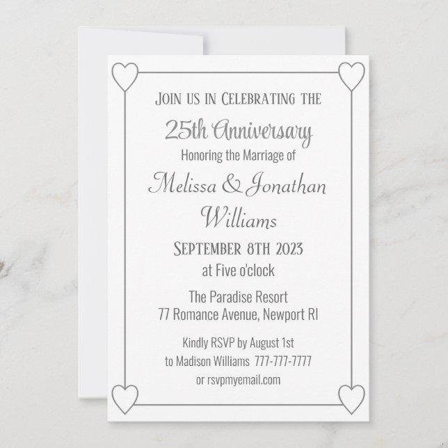 Elegant 25th Anniversary Romantic Hearts Silver Invitation (Front)