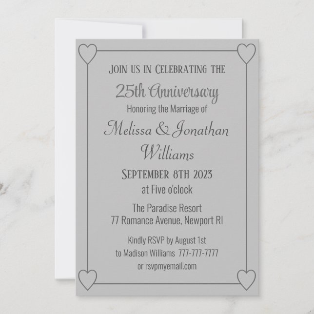 Elegant 25th Anniversary Romantic Hearts Silver Invitation (Front)