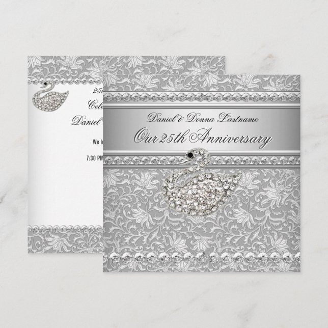 Elegant 25th Anniversary Silver Damask Swan 2 Invitation (Front/Back)