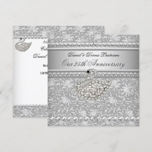 Elegant 25th Anniversary Silver Damask Swan 2 Invitation