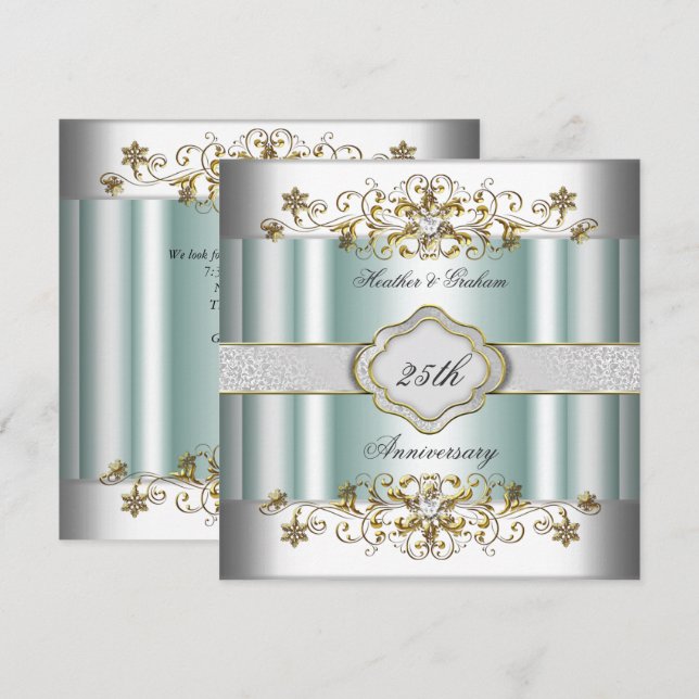 Elegant 25th Anniversary Silver Teal Blue Mint Invitation (Front/Back)