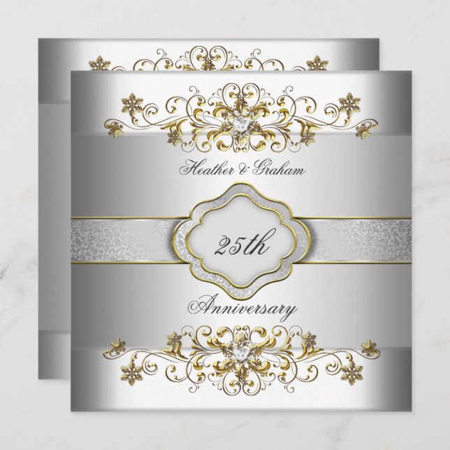 Elegant 25th Anniversary Silver White Gold Templat Invitation (Front/Back)