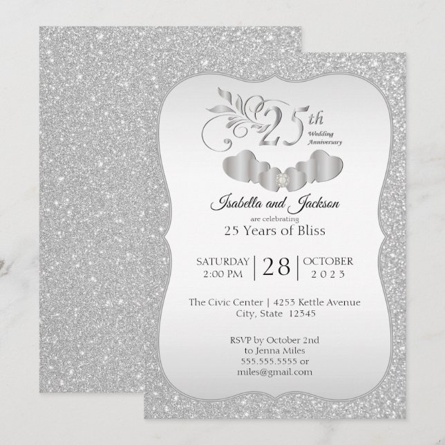 Elegant 25th Silver Glitter Anniversary Invitation (Front/Back)