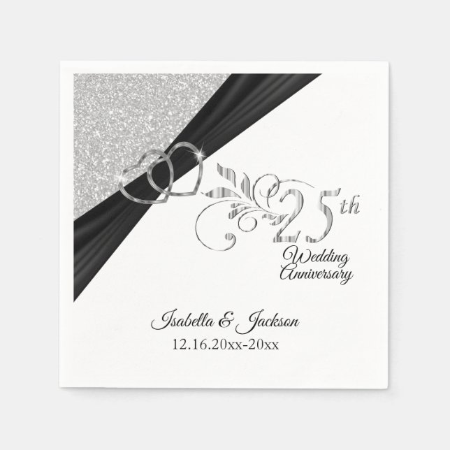 Elegant 25th Silver Glitter Wedding Anniversary Napkin (Front)