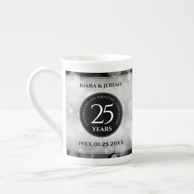 Elegant 25th Silver Wedding Anniversary Bone China Mug (Left)