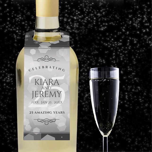 Elegant 25th Silver Wedding Anniversary Bottle Tag (25th silver wedding anniversary bottle hanger with champagne flute on a starry night sky. )