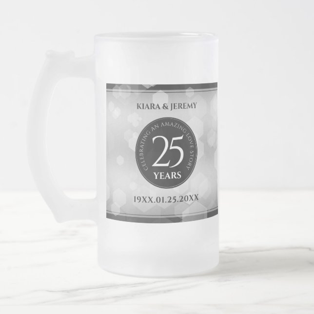 Elegant 25th Silver Wedding Anniversary Frosted Glass Beer Mug (Left)