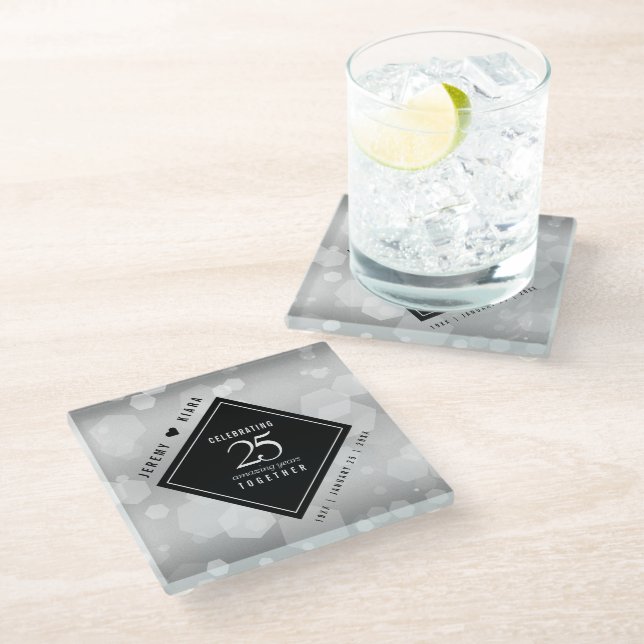 Elegant 25th Silver Wedding Anniversary Glass Coaster (Angled)
