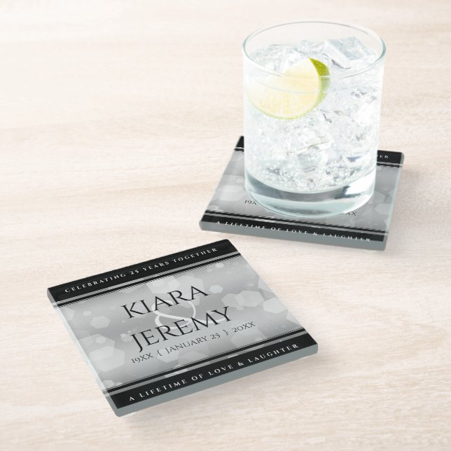 Elegant 25th Silver Wedding Anniversary Glass Coaster (Angled)