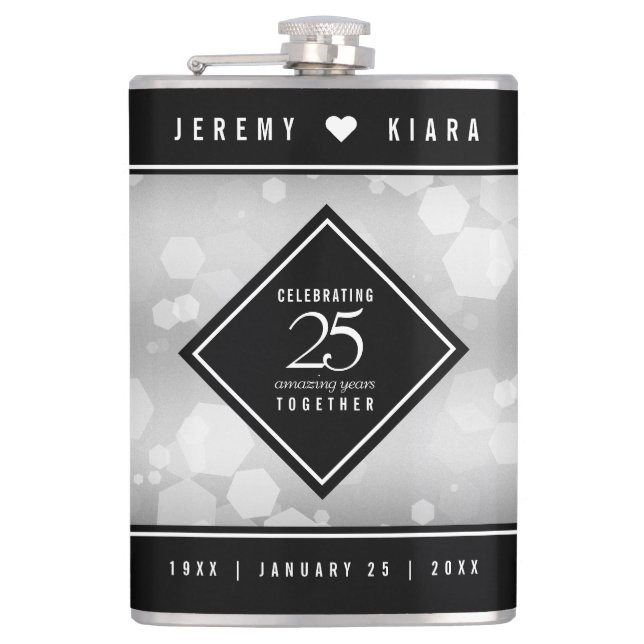 Elegant 25th Silver Wedding Anniversary Hip Flask (Front)