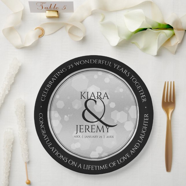 Elegant 25th Silver Wedding Anniversary Paper Plate (Wedding)