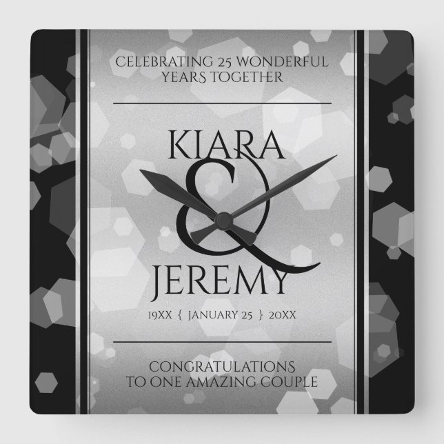 Elegant 25th Silver Wedding Anniversary Square Wall Clock (Front)