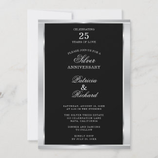 Elegant 25th Wedding Anniversary Black And Silver  Invitation