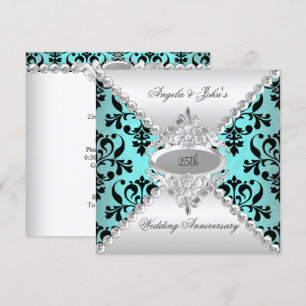 Elegant 25th Wedding Anniversary Teal Blue Damask Invitation