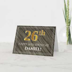 Elegant 26th Birthday: Faux Wood, Faux Gold Look Card