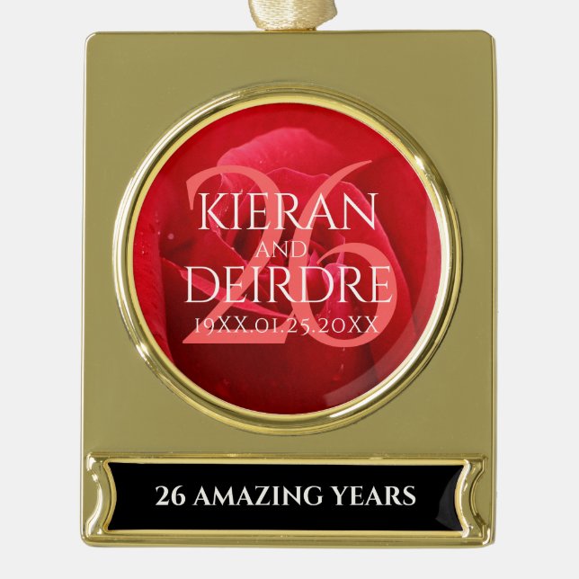 Elegant 26th Rose Wedding Anniversary Celebration Gold Plated Banner Ornament (Front)