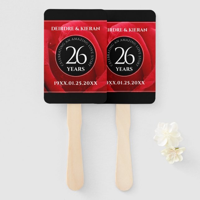 Elegant 26th Rose Wedding Anniversary Celebration Hand Fan (Front and Back)