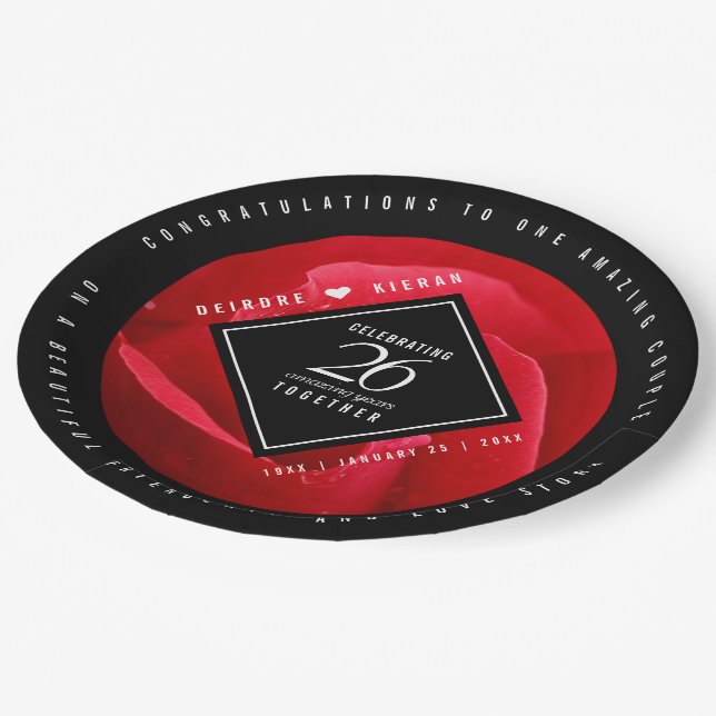 Elegant 26th Rose Wedding Anniversary Celebration Paper Plate (Angled)