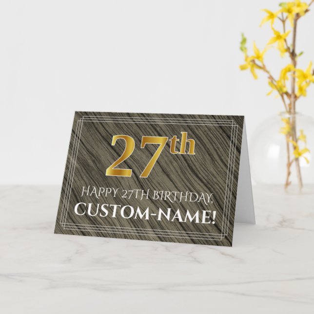 Elegant 27th Birthday: Faux Wood, Faux Gold Look Card (Yellow Flower)