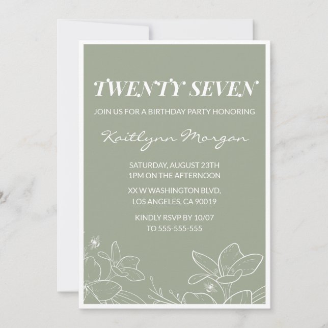 Elegant 27th birthday invitations Floral Green (Front)