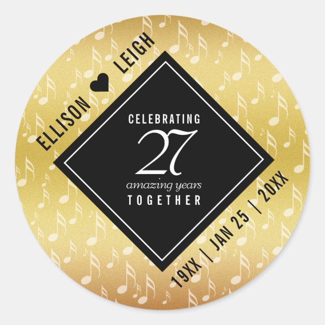 Elegant 27th Music Wedding Anniversary Celebration Classic Round Sticker (Front)