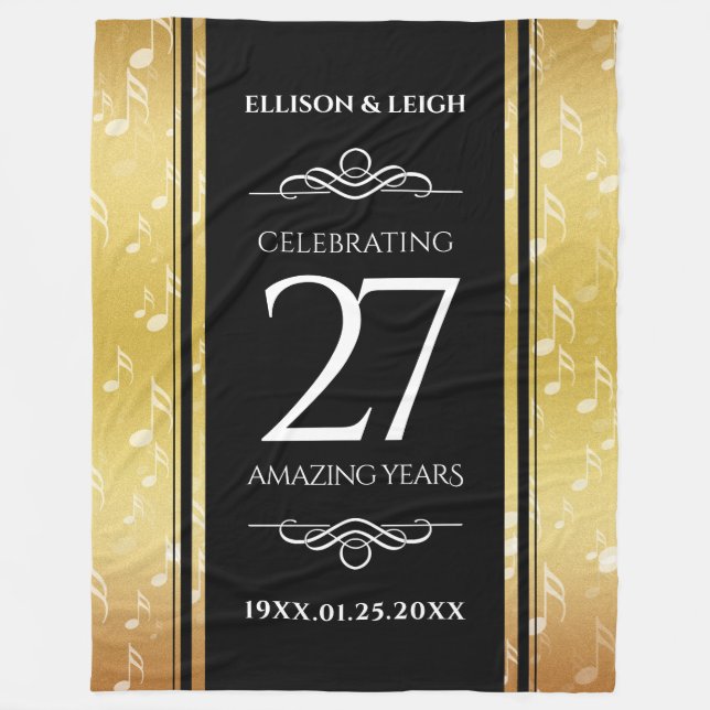 Elegant 27th Music Wedding Anniversary Celebration Fleece Blanket (Front)
