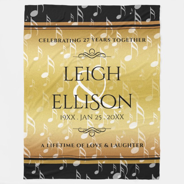 Elegant 27th Music Wedding Anniversary Celebration Fleece Blanket (Front)