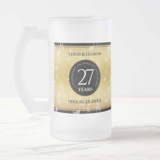 Elegant 27th Music Wedding Anniversary Celebration Frosted Glass Beer Mug (Left)