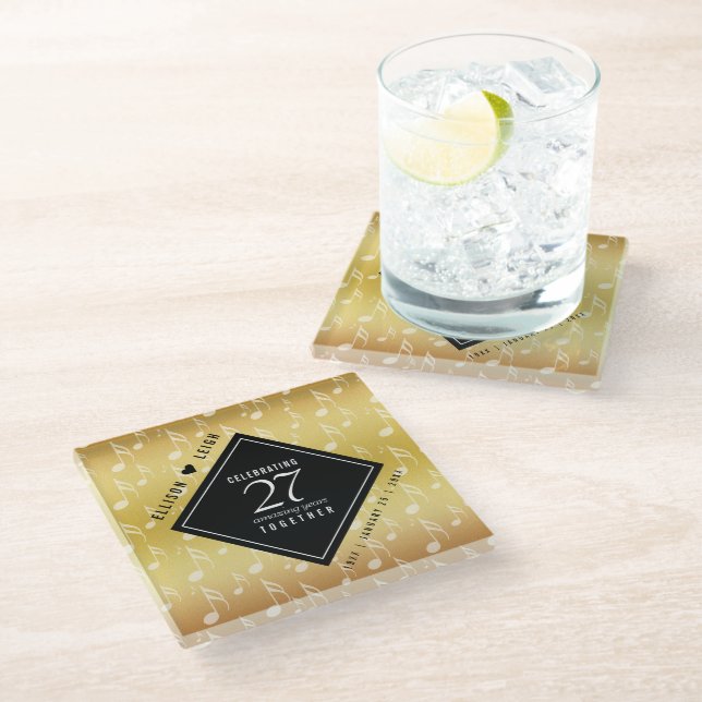 Elegant 27th Music Wedding Anniversary Celebration Glass Coaster (Angled)