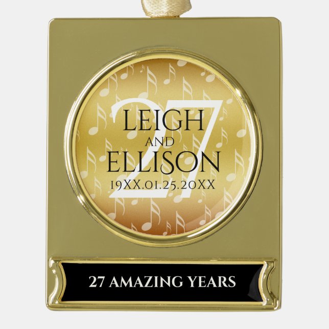 Elegant 27th Music Wedding Anniversary Celebration Gold Plated Banner Ornament (Front)