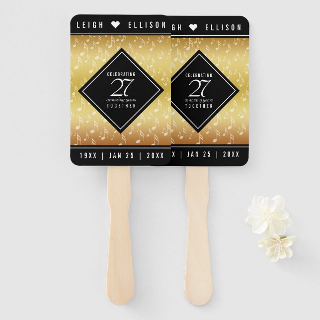 Elegant 27th Music Wedding Anniversary Celebration Hand Fan (Front and Back)