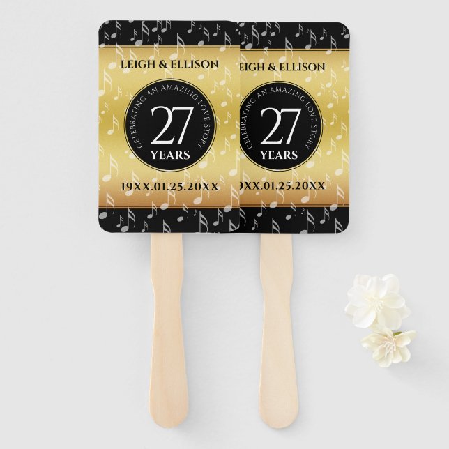 Elegant 27th Music Wedding Anniversary Celebration Hand Fan (Front and Back)