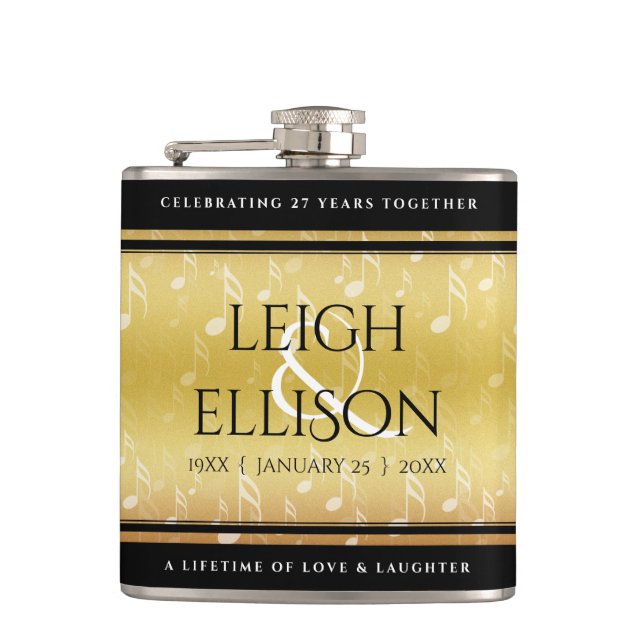 Elegant 27th Music Wedding Anniversary Celebration Hip Flask (Front)