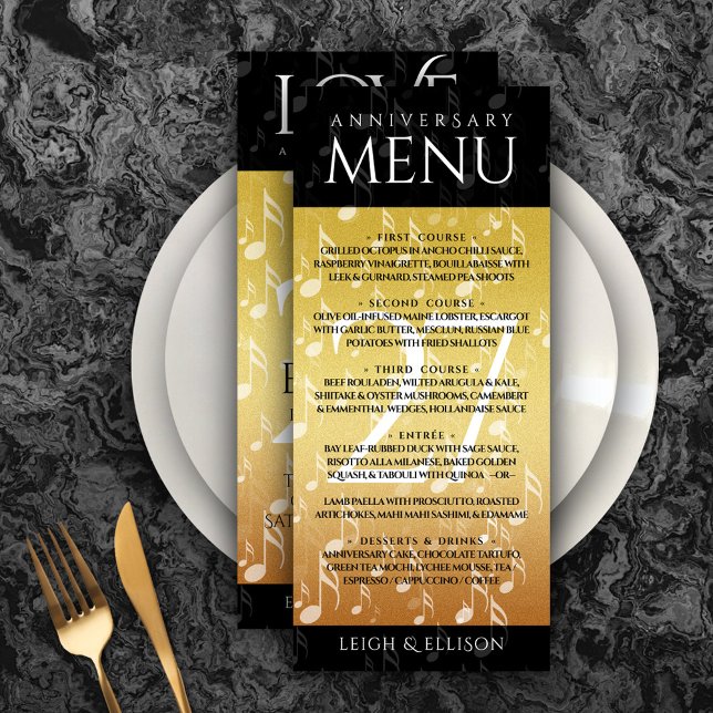 Elegant 27th Music Wedding Anniversary Celebration Menu (Elegant 27th Music Wedding Anniversary Menu Rack Card Cover Photo.)