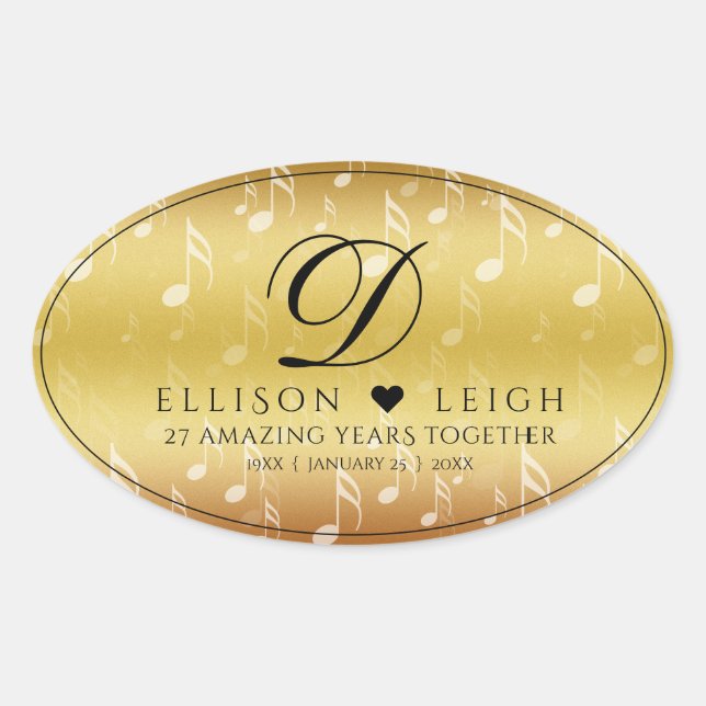 Elegant 27th Music Wedding Anniversary Celebration Oval Sticker (Front)