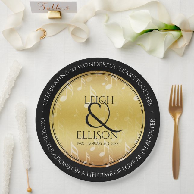 Elegant 27th Music Wedding Anniversary Celebration Paper Plate (Wedding)
