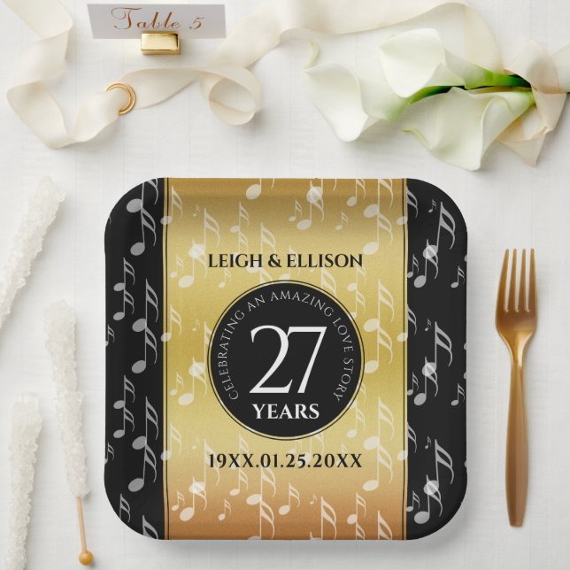 Elegant 27th Music Wedding Anniversary Celebration Paper Plate (Wedding)