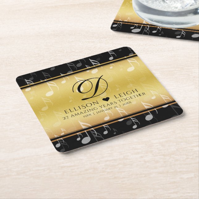 Elegant 27th Music Wedding Anniversary Celebration Square Paper Coaster (Angled)