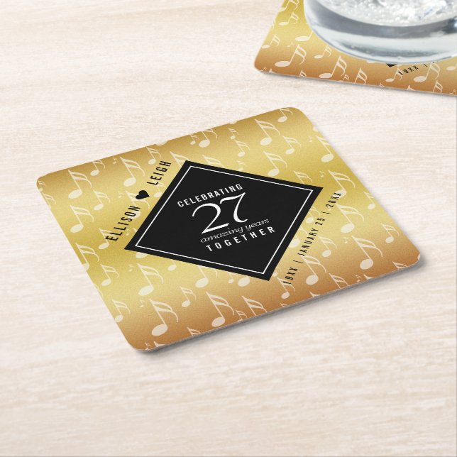 Elegant 27th Music Wedding Anniversary Celebration Square Paper Coaster (Angled)